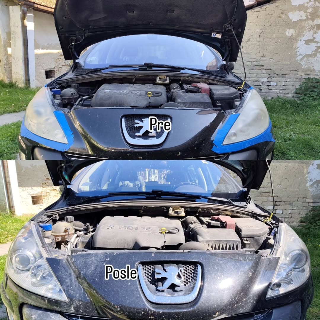Pre i posle poliranja farova na Peugeot automobilu.