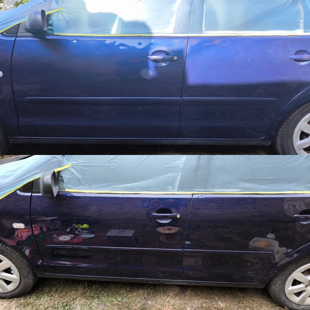 Pre i posle poliranja vrata na plavom automobilu.